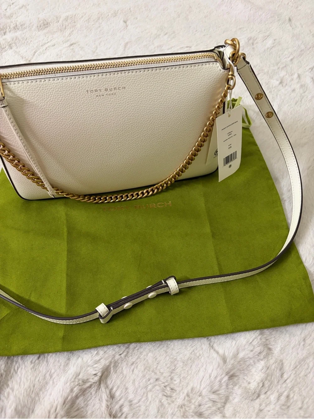 NWT Tory Burch Perry Shoulder Bag Warm White Pebbled Leather Chain Dust Bag